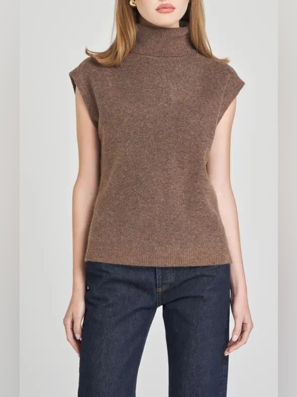 WAYF Emery Turtleneck Wool Blend Sweater Vest Ash Brown Knit Sleeveless Size XL
